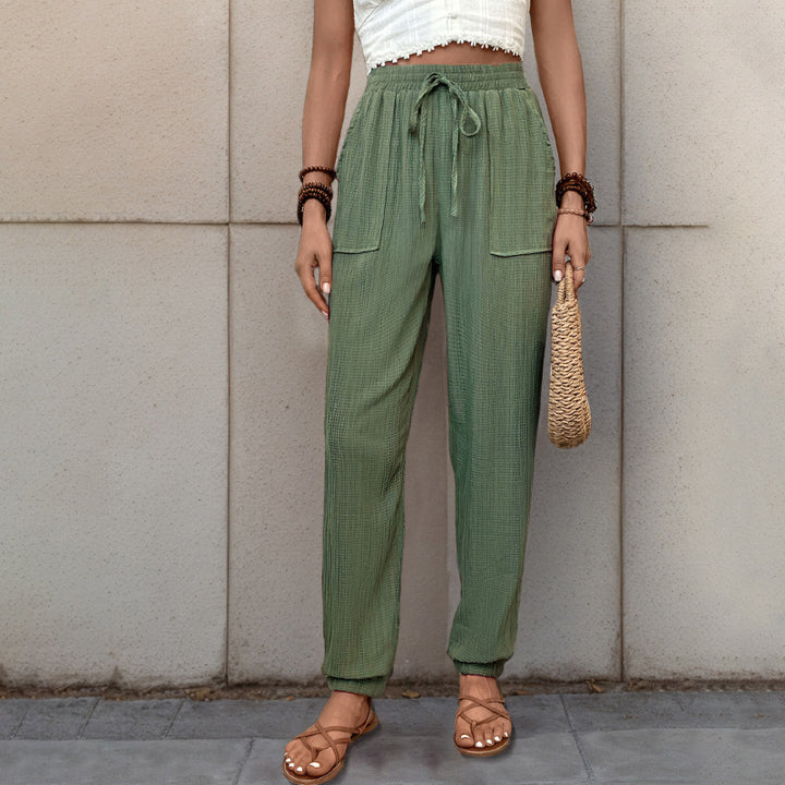Damen elastische Freizeit-Hose mit seitlichen Taschen und Kordelzug Drune