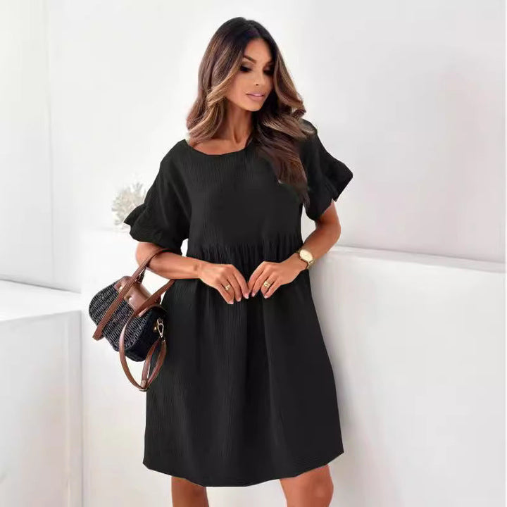 Damen lässiges Sommerkleid mit elastischem Taillenzug und kurzen Ärmeln Drune