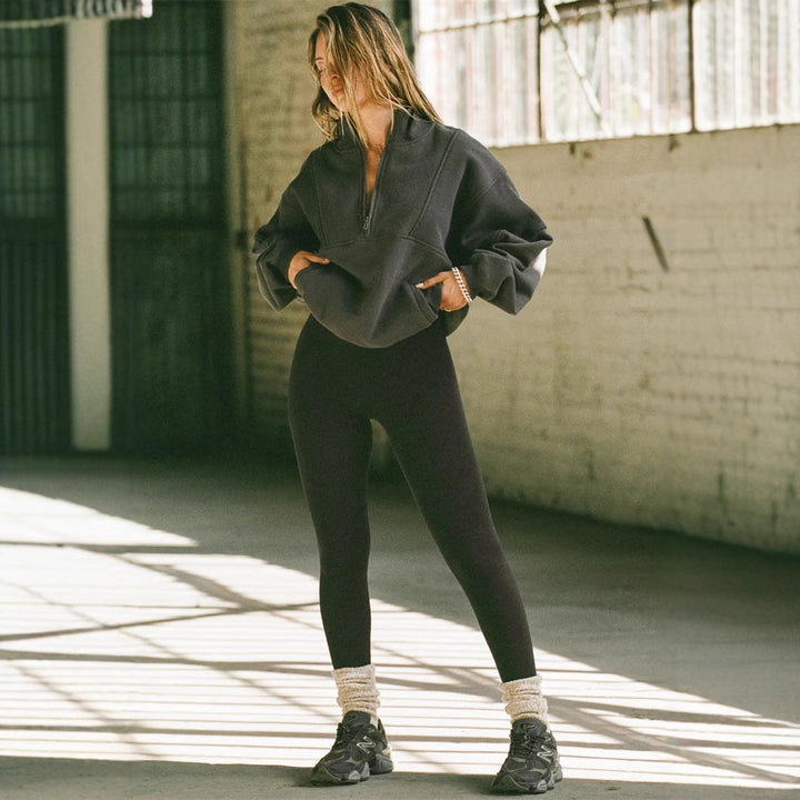 Damen lässiger Stehkragenpullover mit Reißverschluss und elastischen Bündchen Drune