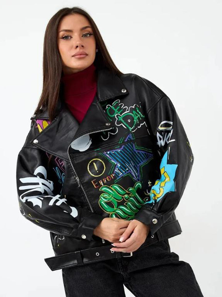 Damen Kunstlederjacke im Graffiti-Stil Drune