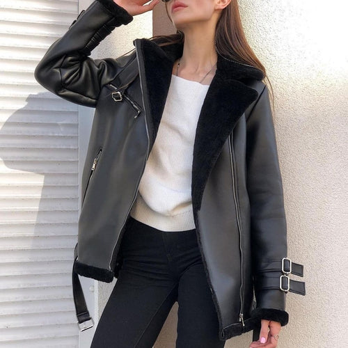Damen trendige Kunstlederjacke mit kuscheligem Innenfutter und seitlichen Reißverschlüssen Drune