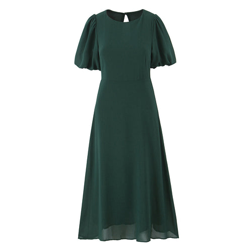 Damen elegantes Maxikleid mit voluminösen Puffärmeln und schwingendem Rock Drune