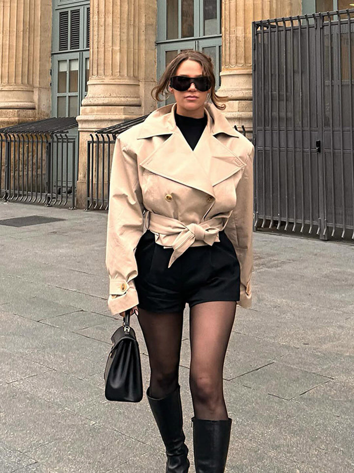 Damen Cropped Trenchcoat mit breitem Revers und Taillengürtel Drune