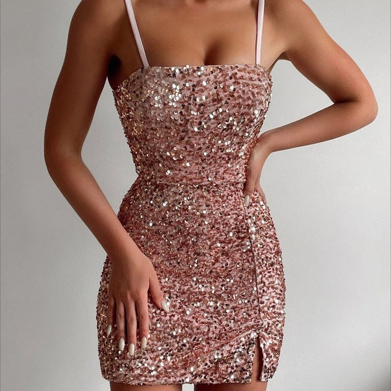 Damen Glamouröses Pailletten-Kleid mit Schlitzen und Spaghetti-Trägern Drune