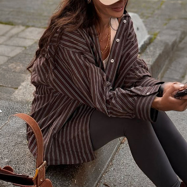 Damen nan lässiges Oversize-Hemd mit feinen Nadelstreifen, Hemdkragen und Brusttasche Drune