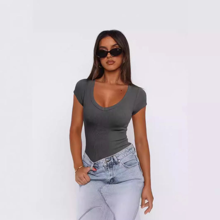 Damen figurbetontes V-Ausschnitt T-Shirt mit kurzen Ärmeln Drune