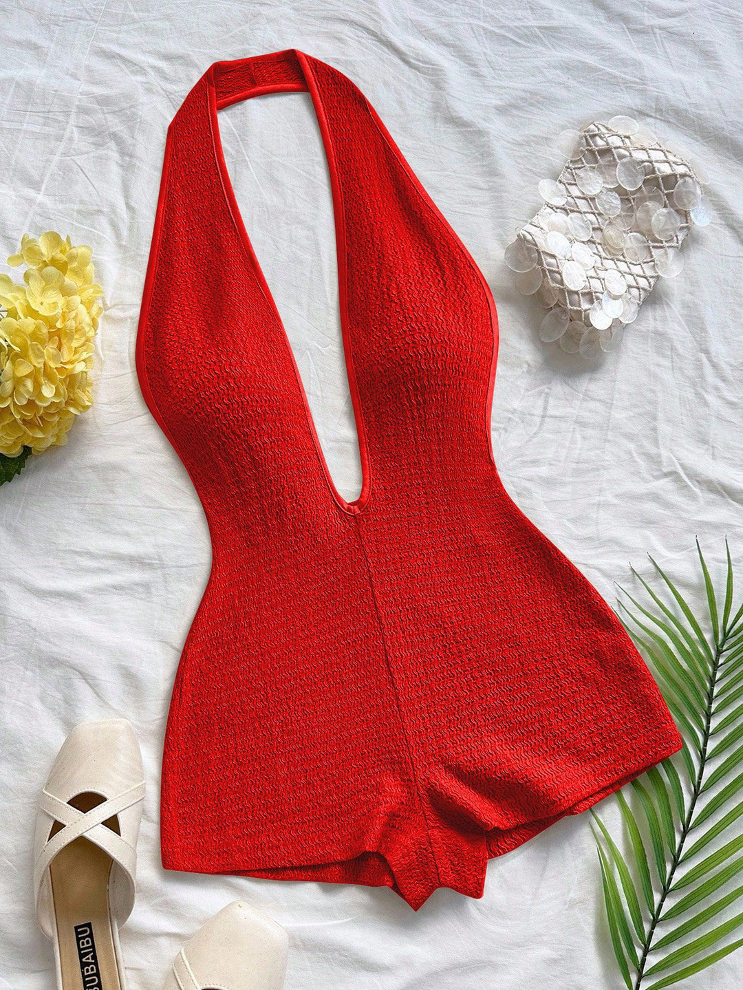 Damen Bodysuit mit tiefem V-Ausschnitt und strukturierter Oberfläche Drune