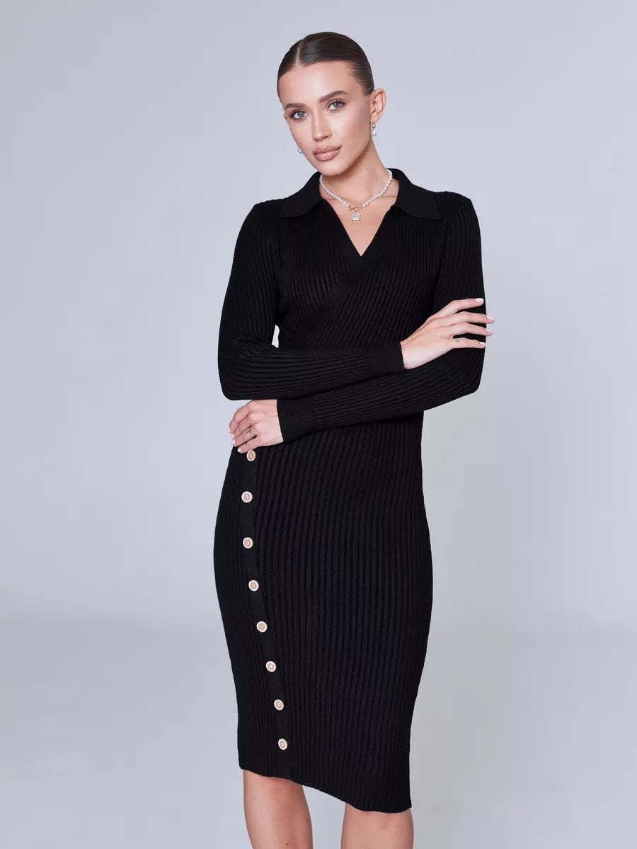 Damen Strickkleid mit Knopfdetails und elegantem V-Ausschnitt Drune