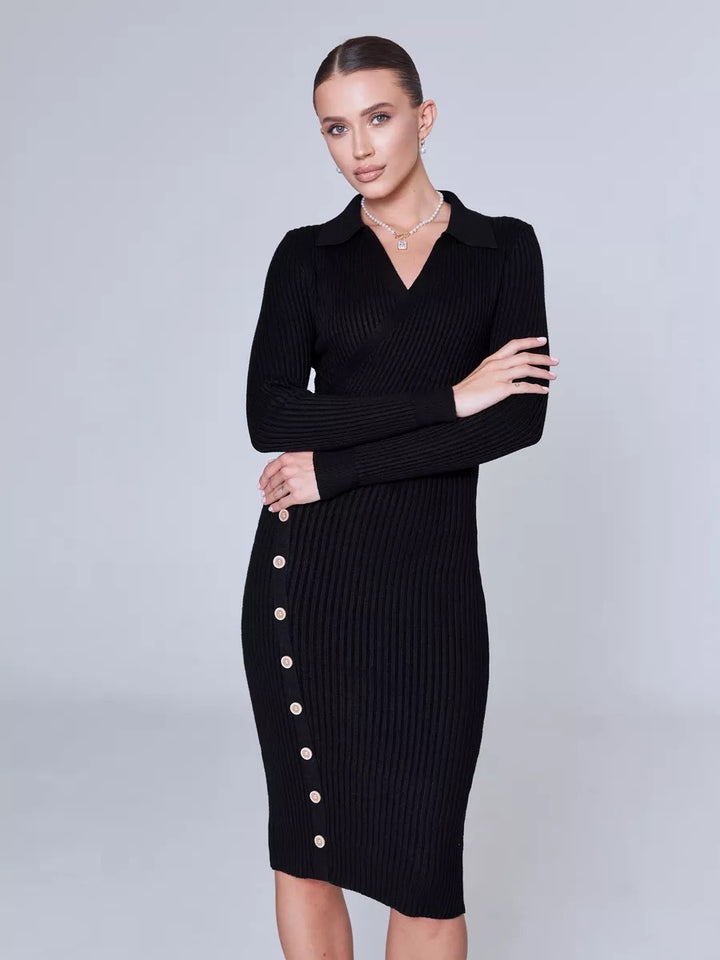 Damen Strickkleid mit Knopfdetails und elegantem V-Ausschnitt Drune