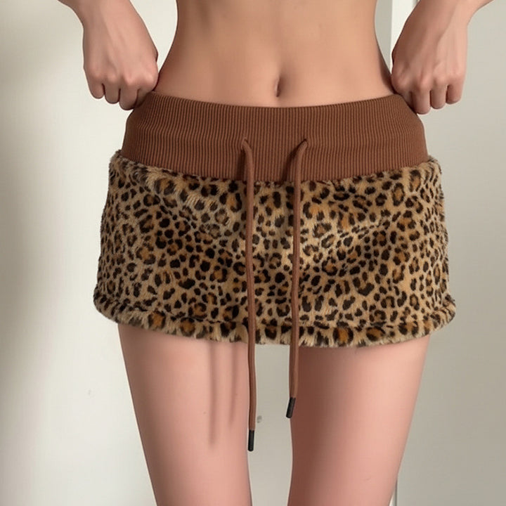 Damen eleganter Minirock aus fellartigem Material mit Modellknopf und Taillenband Drune