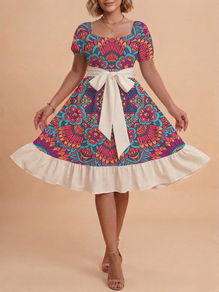 Damen A-Linien-Kleid mit floralen Motiven und taillierbarem Gürtel Drune