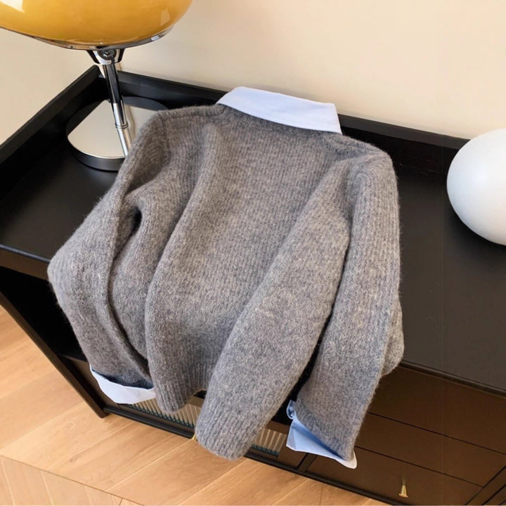 Damen stilvoller Pullover mit integrierter Hemdkragen-Kombination Drune