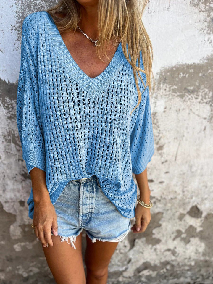 Damen nan luftig gestrickter V-Ausschnitt Pullover im Oversize-Schnitt Drune