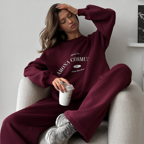 Damen lässiger Oversized-Sweatshirt-Anzug mit modernem Schriftzug und elastischem Bund Drune