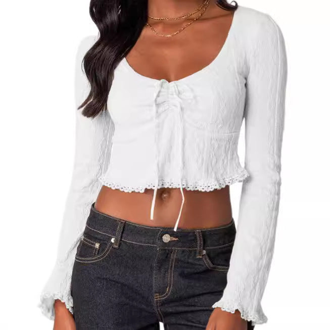 Damen Cropped Top mit Schnüroptik und Spitzenverzierungen Drune