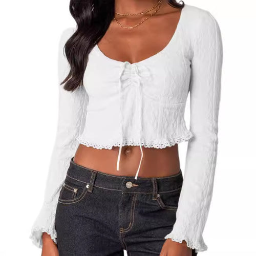 Damen Cropped Top mit Schnüroptik und Spitzenverzierungen Drune