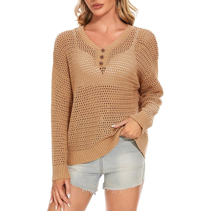 Damen luftiger Strickpullover mit dekorativen Knopfdetails Drune