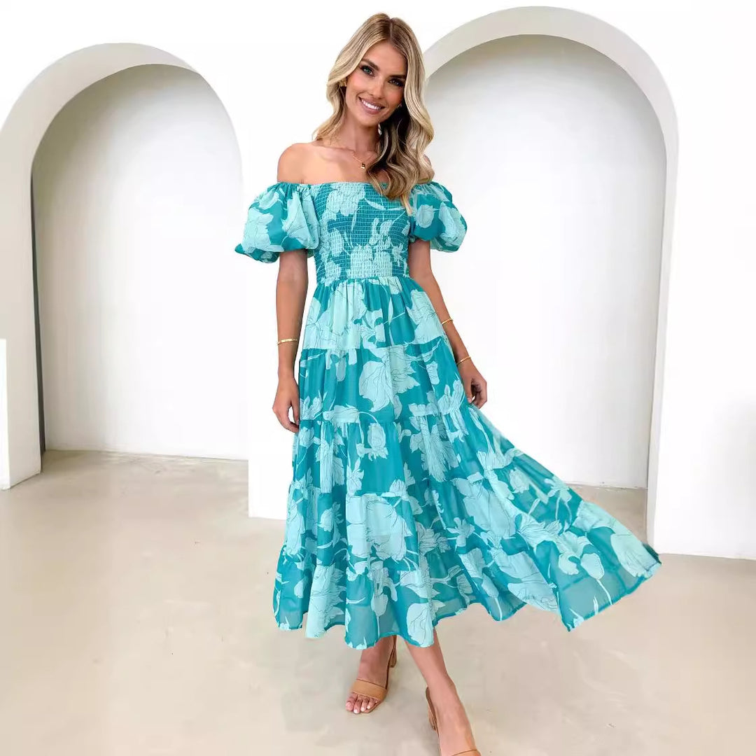 Damen Maxikleid mit Puffärmeln und floralem Design Drune