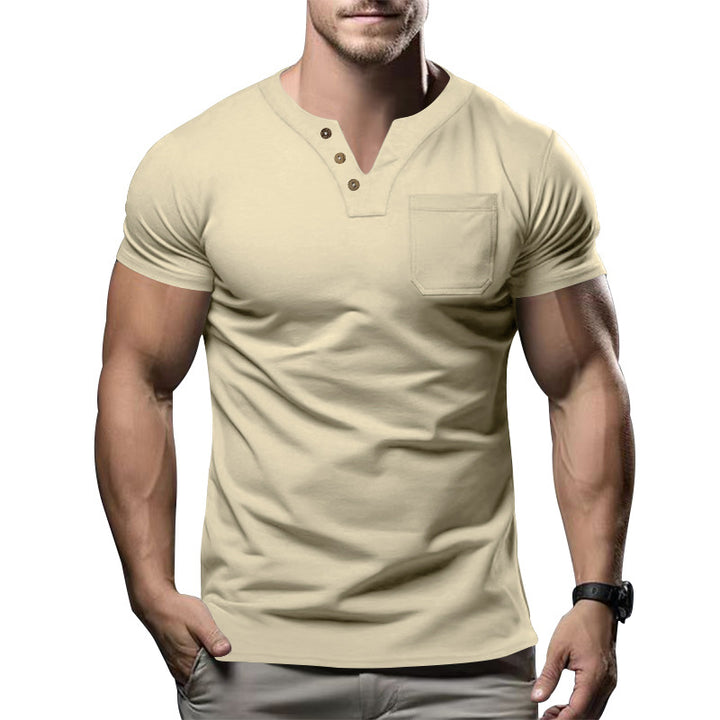 Herren nan körperbetontes Baumwollstretch-Kurzarmshirt mit Split-V-Ausschnitt dekorativer Knopfleiste und Brusttasche Drune