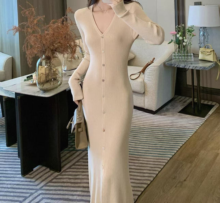Damen Elegantes Maxikleid mit Knopfdetails und V-Ausschnitt Drune