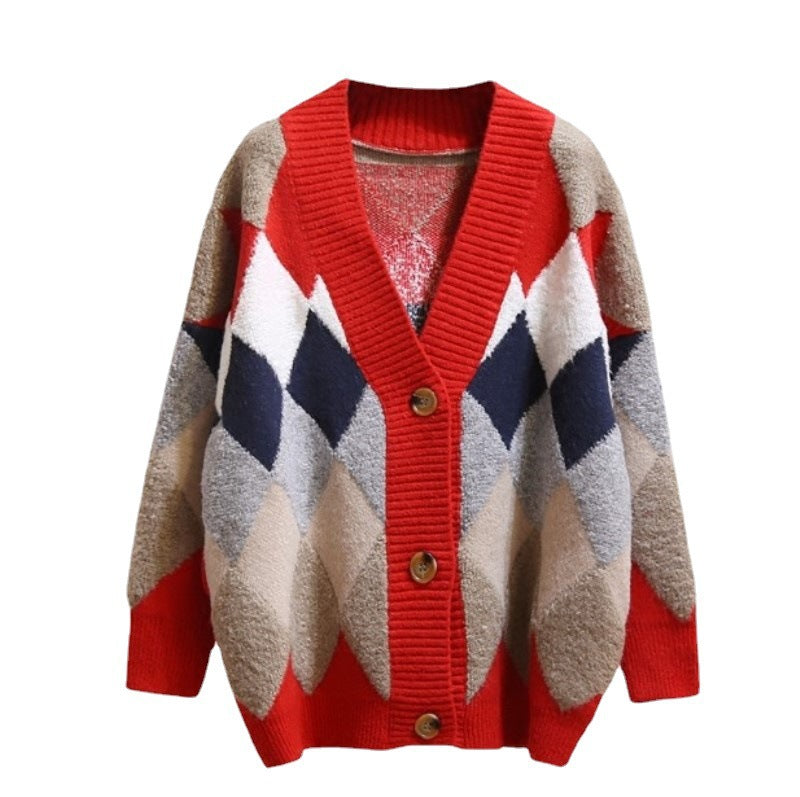 Damen Grobstrick Cardigan mit geometrischem Muster und großen Taschen Drune