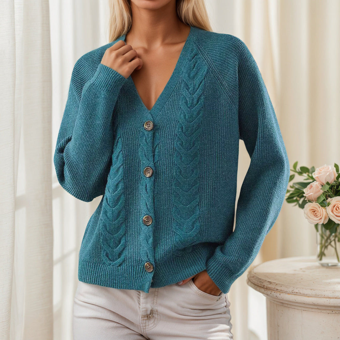Damen Strickjacke mit V-Ausschnitt und trendy Zopfmuster Drune