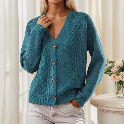 Damen Strickjacke mit V-Ausschnitt und trendy Zopfmuster Drune