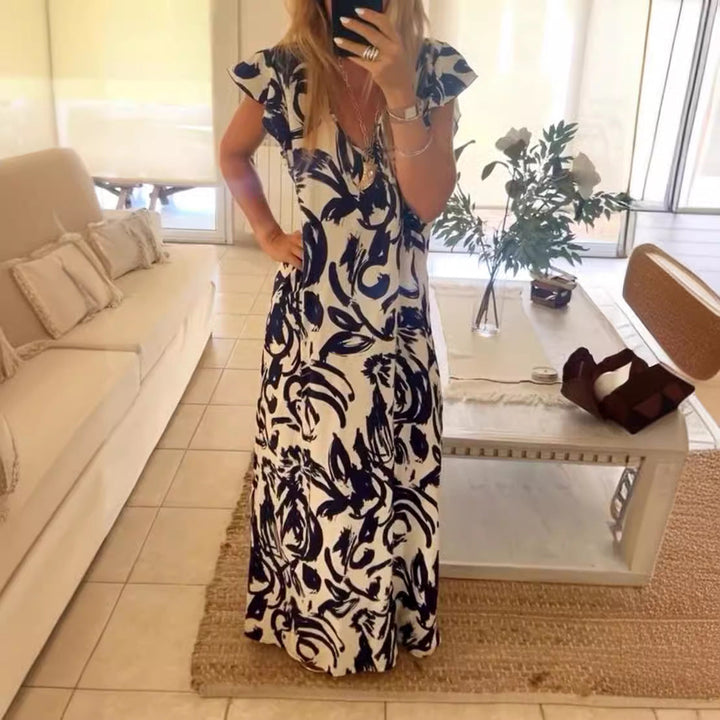 Damen Maxikleid mit voluminösen Ärmeln und elegantem V-Ausschnitt Drune