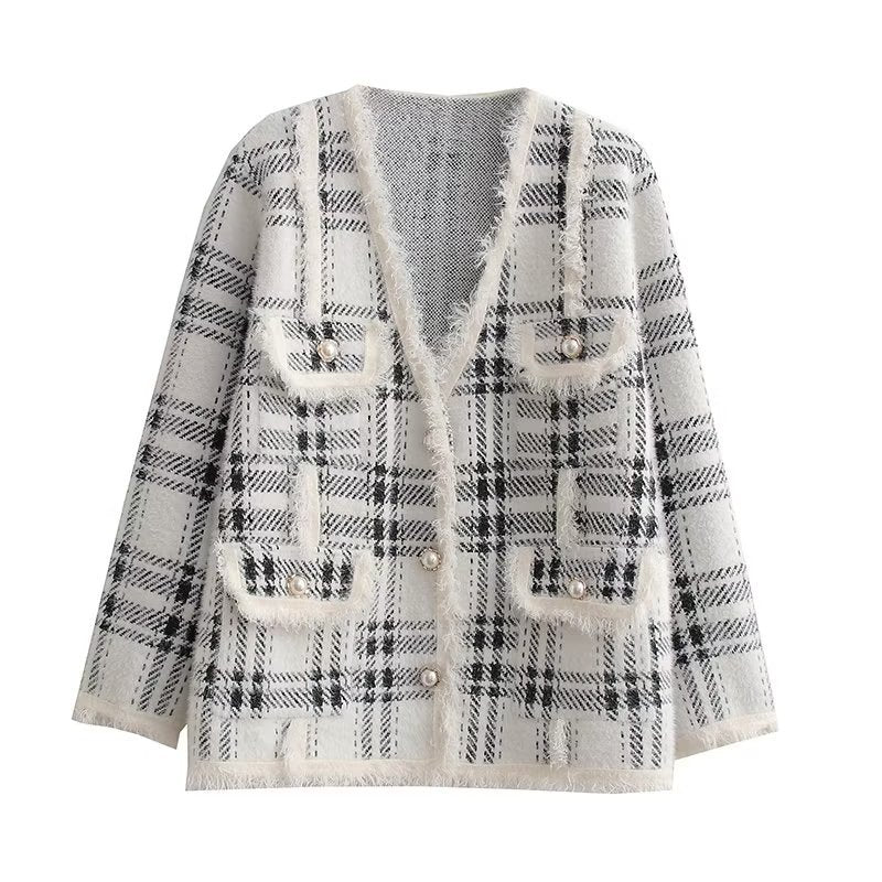Damen modische Langenjacke mit Karomuster und eleganten Knopfdetails Drune