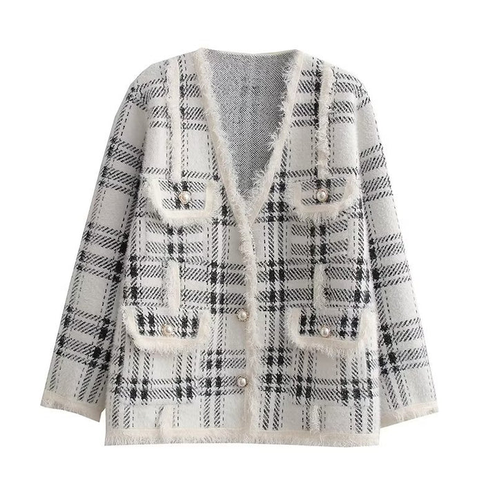 Damen modische Langenjacke mit Karomuster und eleganten Knopfdetails Drune