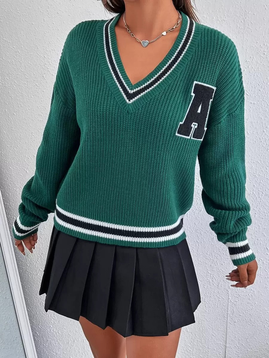 Damen Sportlicher V-Ausschnitt Pullover mit breiten Streifen und Applikation Drune