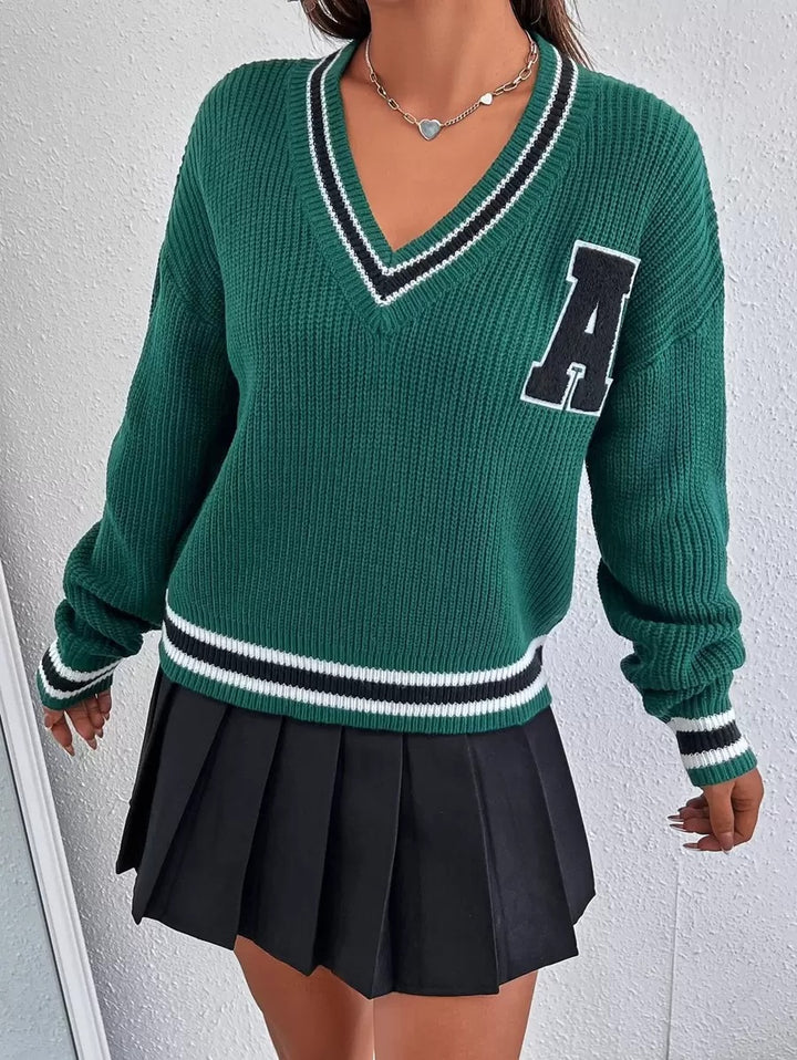 Damen Sportlicher V-Ausschnitt Pullover mit breiten Streifen und Applikation Drune
