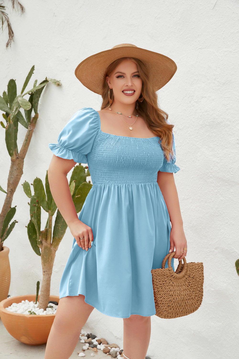 Damen Leichtes Sommerkleid mit schulterfreier Passform und voluminösen Puffärmeln Drune