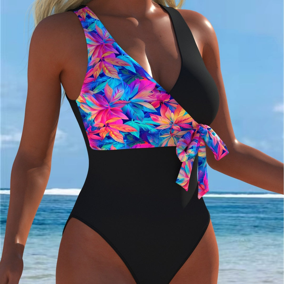Damen Einteiler Badeanzug mit femininem Wickeldetail und auffälligem Floral-Design Drune