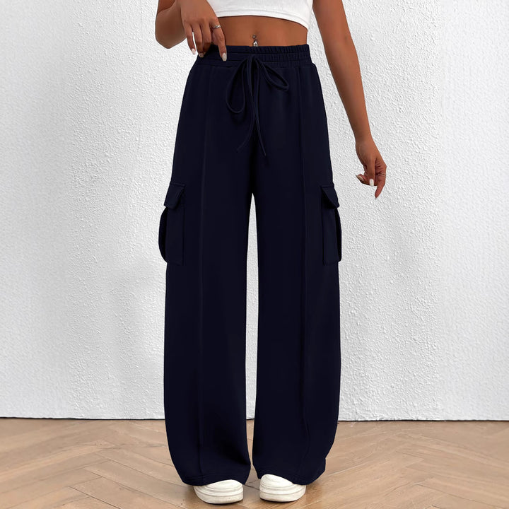 Damen breite Cargo-Hose mit elastischem Taillenbund und praktischen Taschen Drune