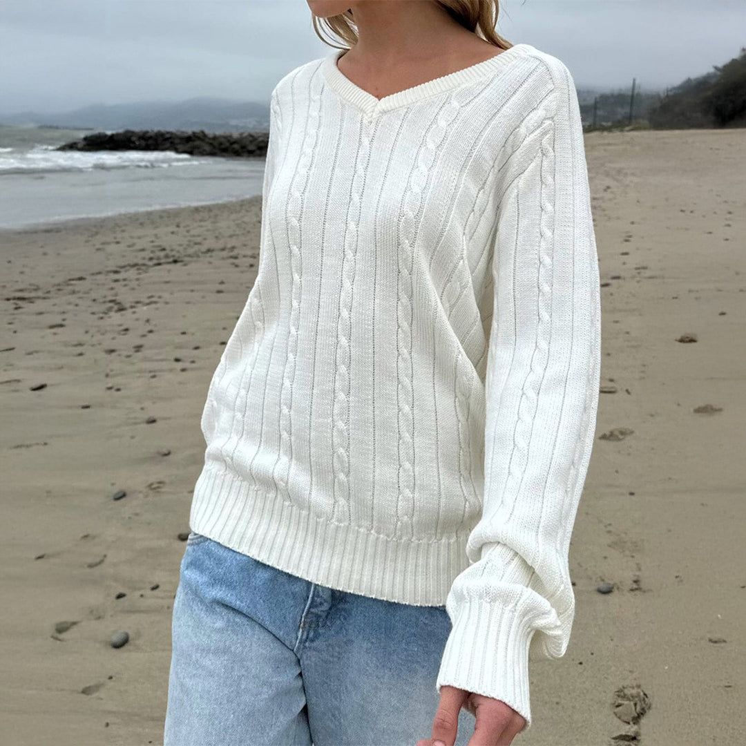 Damen nan feiner Strukturstrick-Pullover mit V‑Neck, Zopfmuster und geripptem Saum Drune
