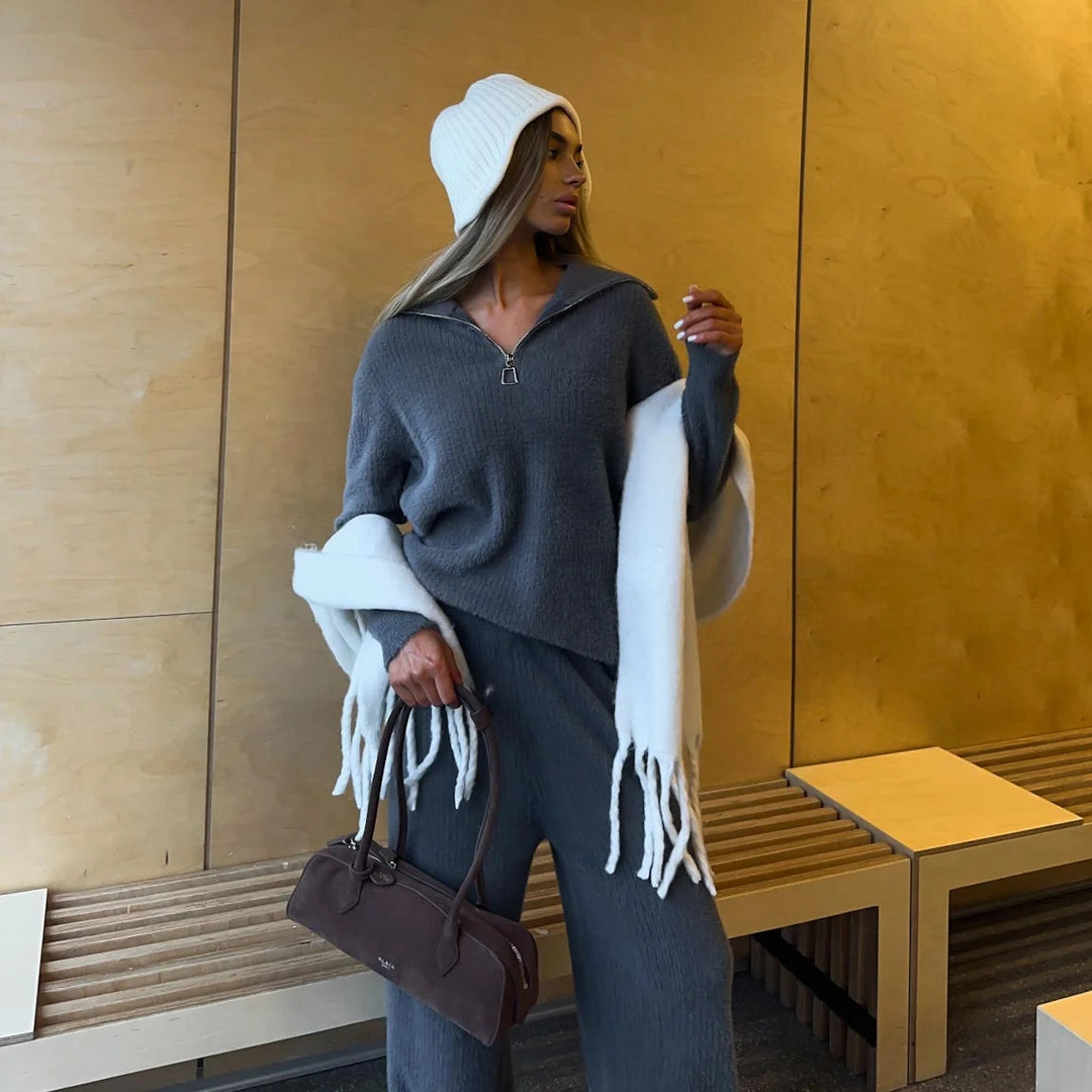 Damen Lässiges Strick-Loungewear-Set mit halbhoch geschlossenem Reißverschluss und lockerer Passform Drune