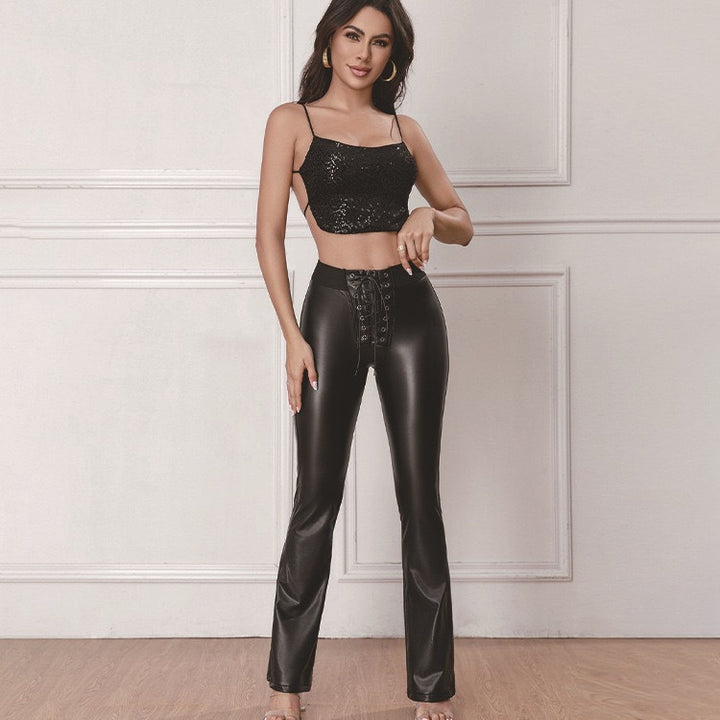 Damen Elastische High-Waist Kunstlederhose mit Schnürung Drune