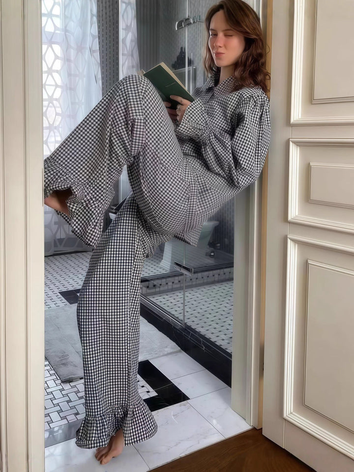 Damen Schlafanzug Set mit einem modernen Karo-Muster und voluminösen Ärmeln Drune