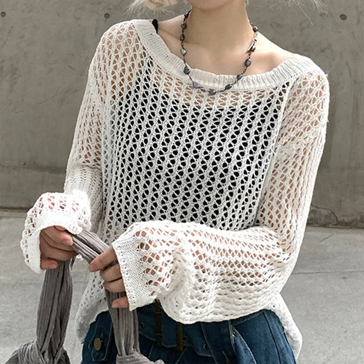 Damen luftiger Strickpullover mit feinem Netzmuster Drune
