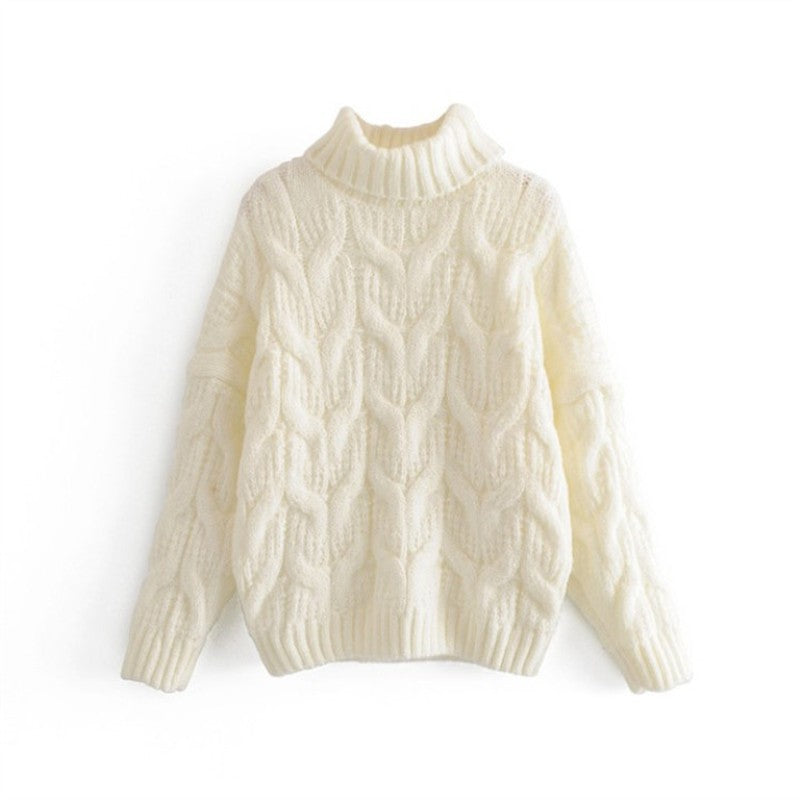 Damen Grobstrickpullover mit hohem Kragen und elegantem Zopfmuster Drune