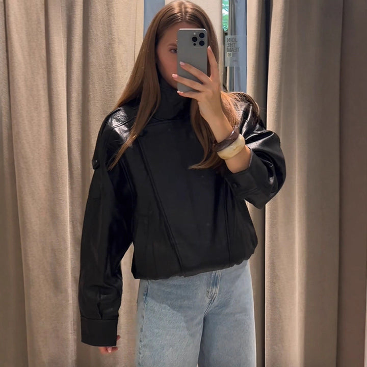 Damen lässige Kunstlederjacke im Oversized-Schnitt Drune
