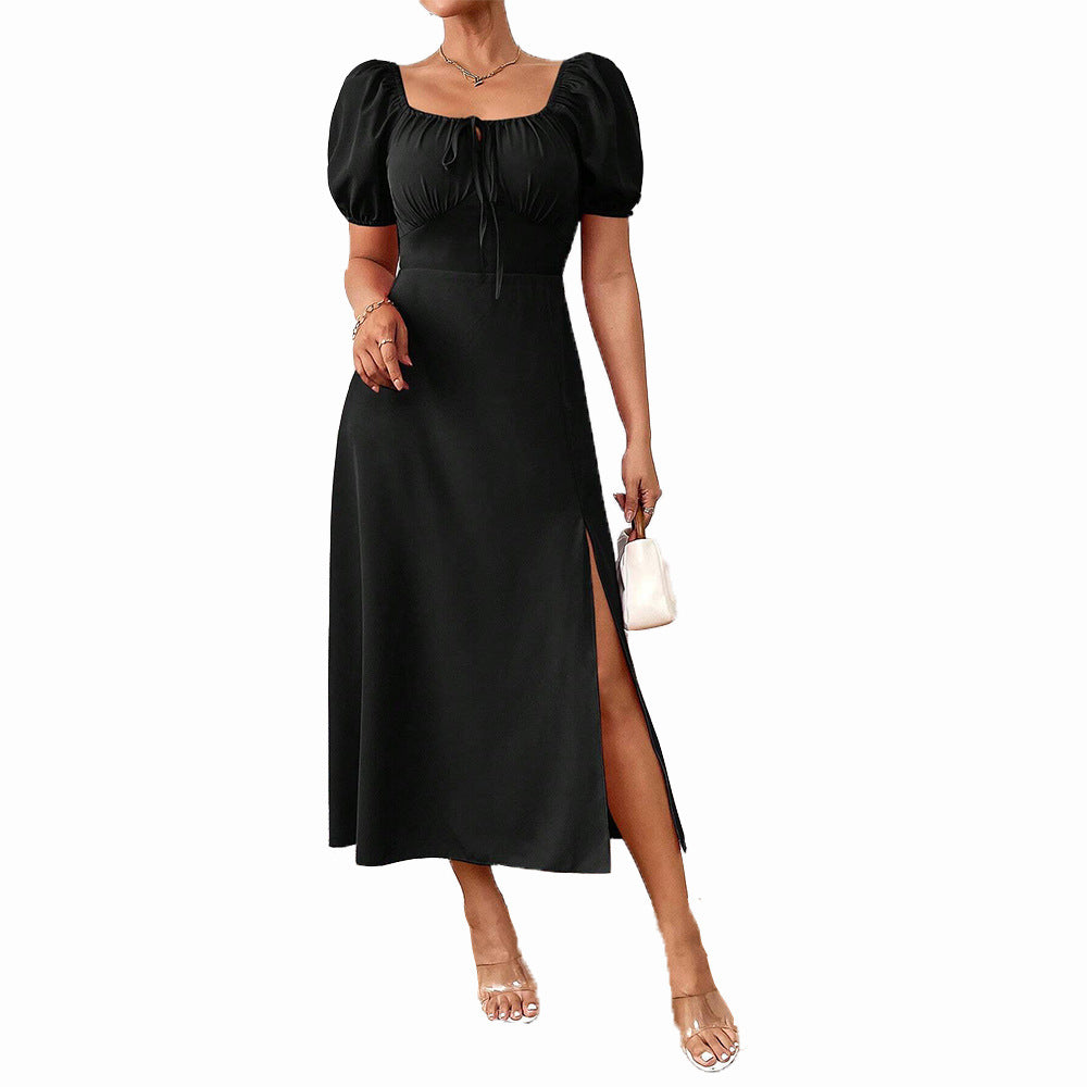 Damen elegantes Maxikleid mit Puffärmeln und seitlichem Schlitz Drune