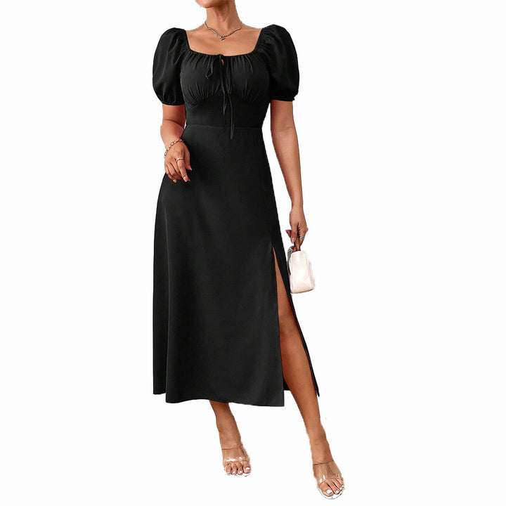 Damen elegantes Maxikleid mit Puffärmeln und seitlichem Schlitz Drune
