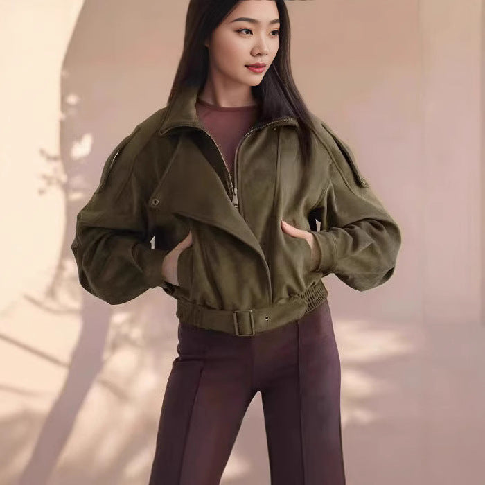 Damen Stilvolle Kurzjacke mit Gürtel und asymmetrischem Schnitt Drune
