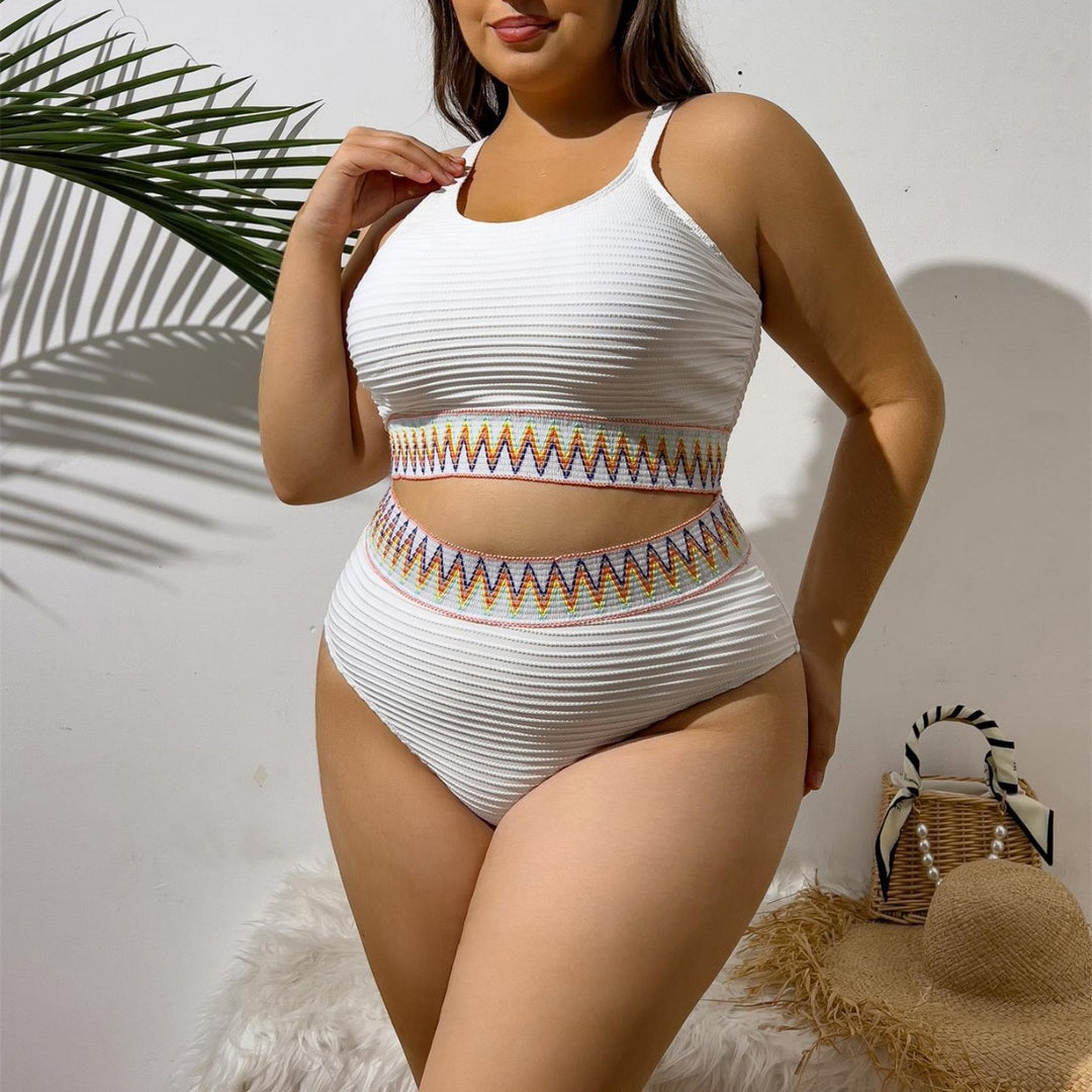 Damen Sportlicher Zweiteiliger Badeanzug mit einzigartigem Cut-Out-Design und buntem Bannermuster Drune