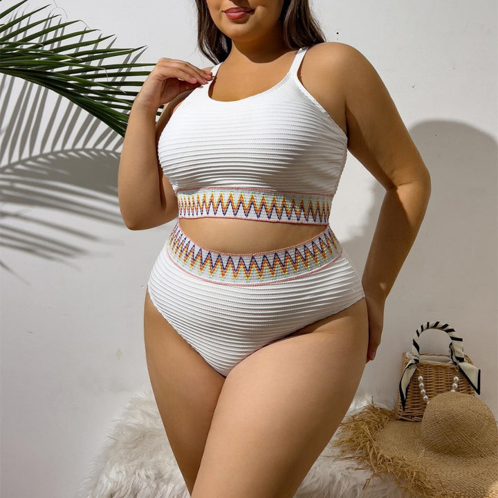 Damen Sportlicher Zweiteiliger Badeanzug mit einzigartigem Cut-Out-Design und buntem Bannermuster Drune