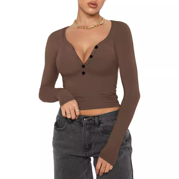 Damen Langarmshirt mit V-Ausschnitt und Knopfdetails Drune