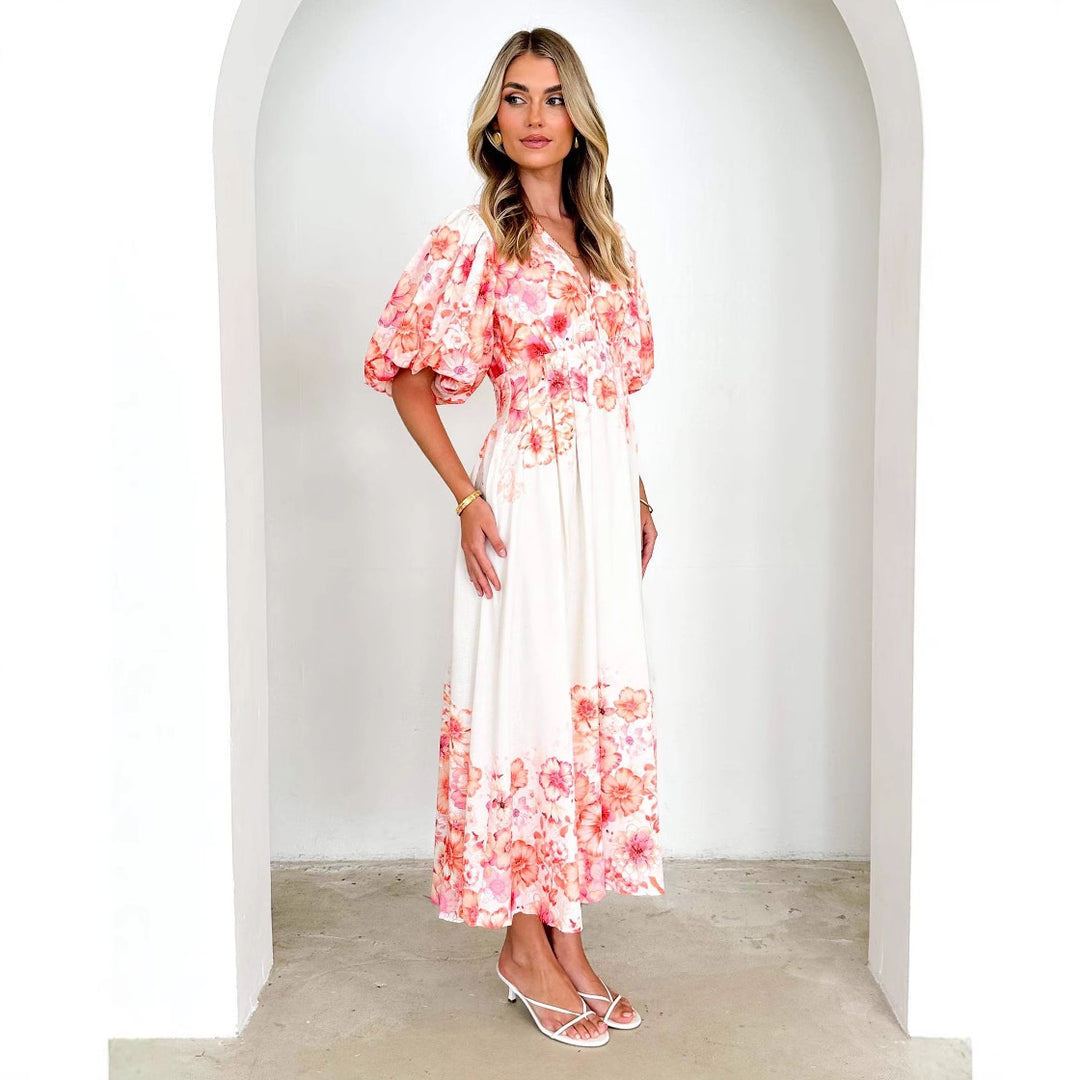 DamenMaxikleid mit voluminösen Puffärmeln und fließendem Schnitt Drune
