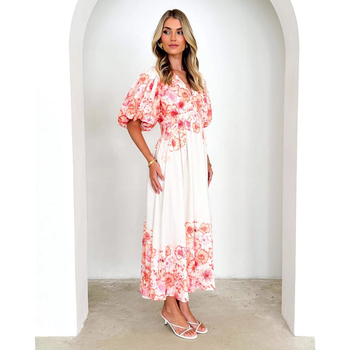 DamenMaxikleid mit voluminösen Puffärmeln und fließendem Schnitt Drune
